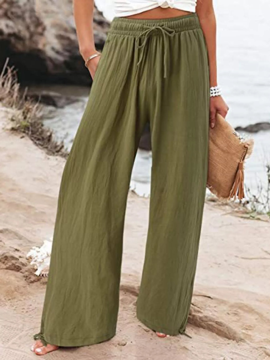 Plus size wide leg pants with drawstring waist from Shopimist, featuring a full-length fit and comfortable relaxed style.