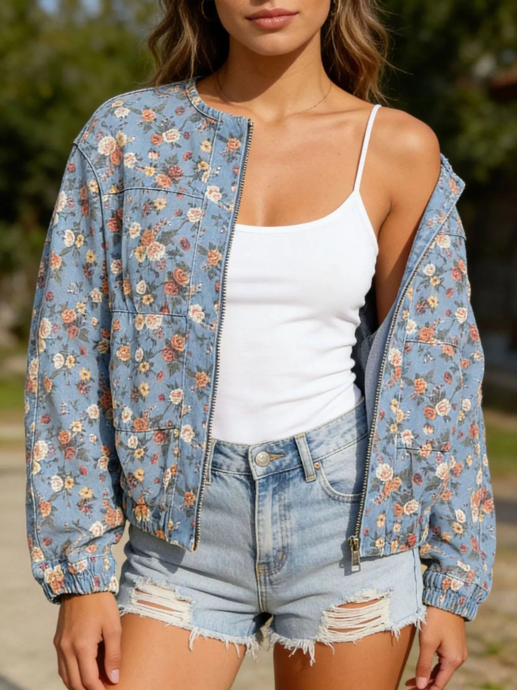 Floral print zip-up denim jacket from Plush Fashion Hub, shown as a stylish tank top with vibrant floral patterns.