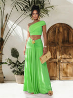 Plush Fashion Hub one-shoulder top and ruched maxi skirt set, stylish tops with a modern design, perfect for casual or dressy wear.