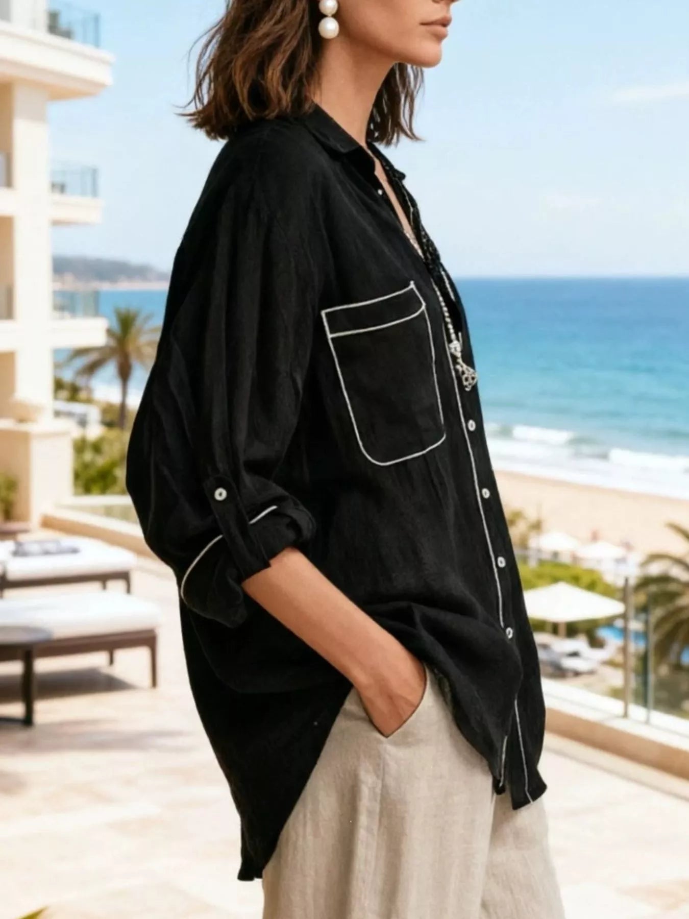Plush Fashion Hub contrast trim button-up long sleeve shirt with a classic collar and detailed contrast piping on white fabric.