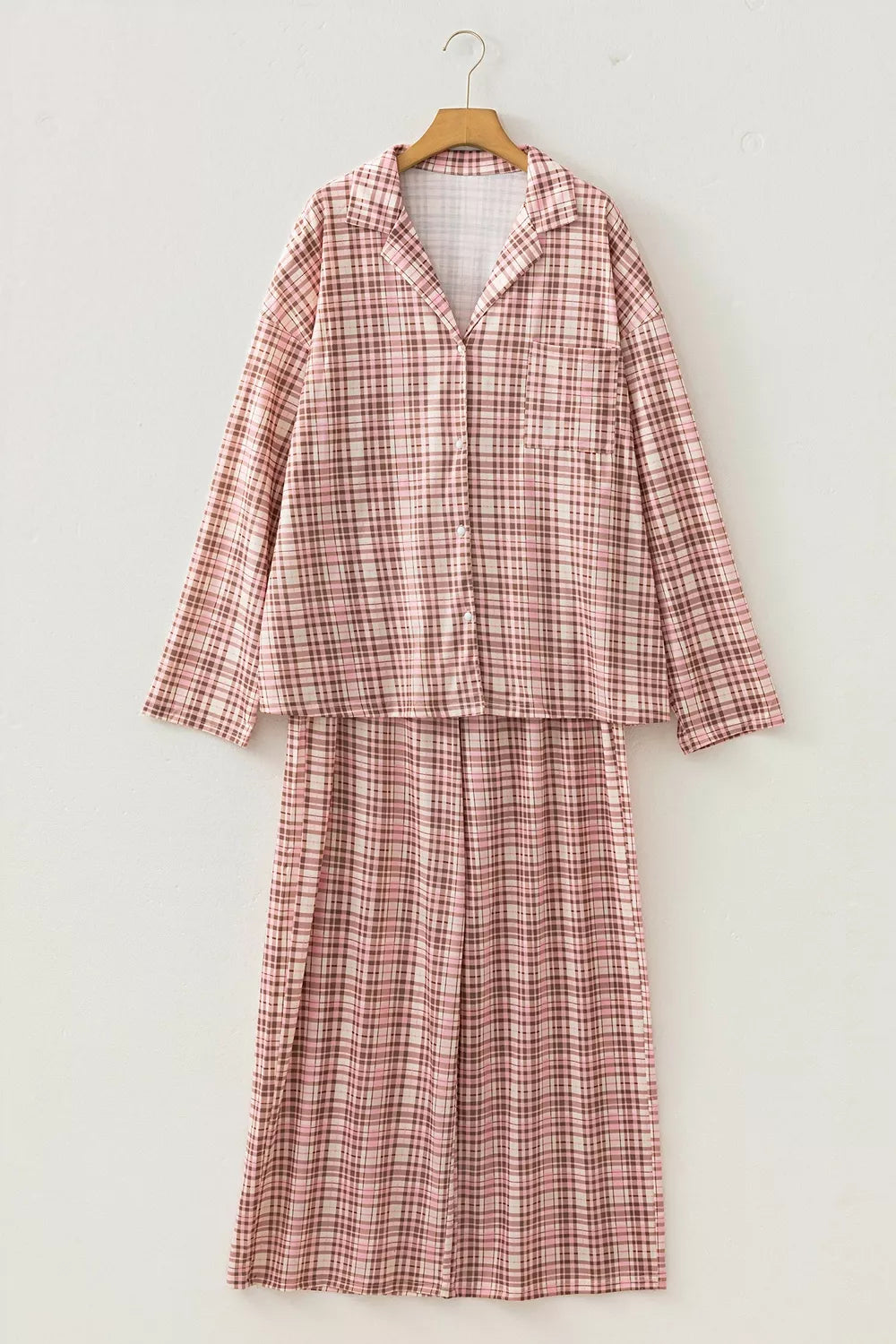 Trendsi plaid patch pockets long sleeve lounge set featuring long pants with a cozy, stylish plaid pattern and patch pocket details.
