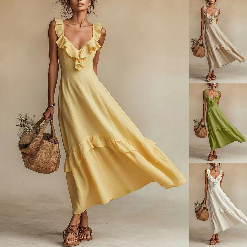FitiqueFit sleeveless ruffle detail high-waist maxi dress in multiple colors, casualwear, with flowing fabric and elegant ruffle accents.