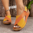Women’s colorblock crossed wedge sandals by FitiqueFit, featuring stylish design and comfortable wedge heel for casual wear.