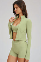 Fitglutes Activewear sports bra, zip jacket, and shorts 3-piece set for workout and gym activities, shown in the image.