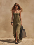Women's minimalist sleeveless slip dress in a loose fit, casual resort style by Plush Fashion Hub, ideal for warm weather.