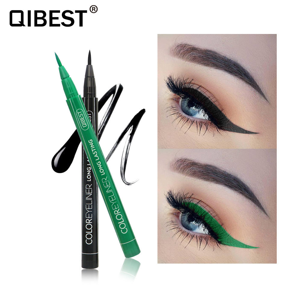 Green and black liquid eyeliner pens with felt tips, displayed alongside swatches and eye makeup examples.