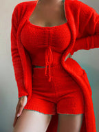 Plus size cozy plush top, shorts, and cardigan set by Trendsi, soft, comfortable loungewear with a relaxed fit and plush fabric.