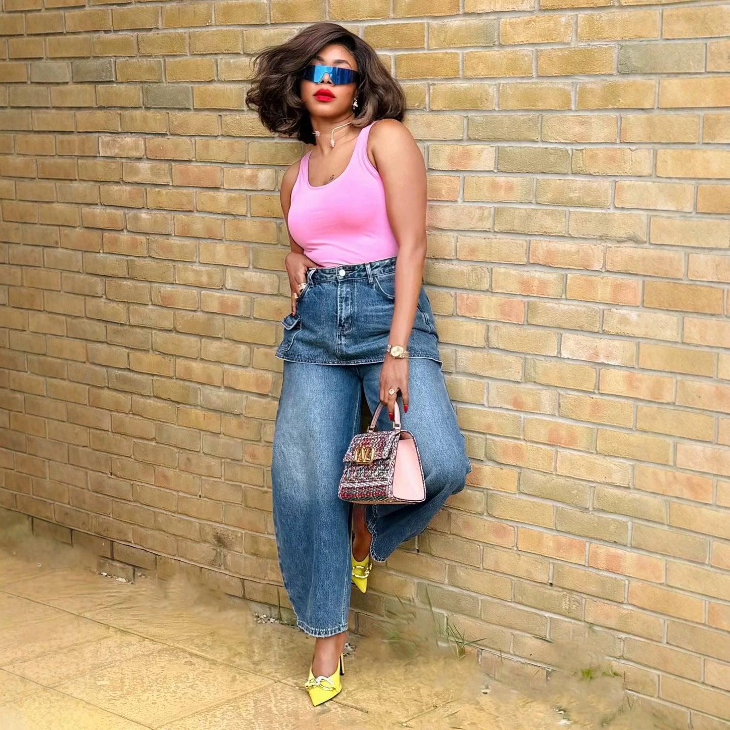 Plush Fashion Hub washed elastic waist straight leg denim jeans, showing front view with classic blue denim fabric.