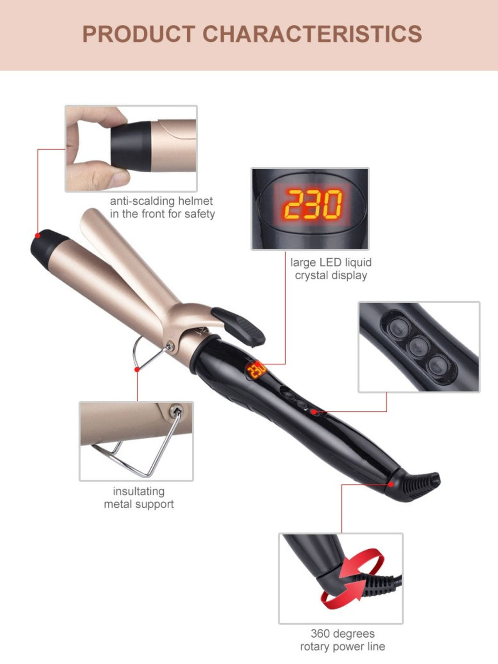 Ceramic curling iron with anti-scald feature and fast heating, professional hair styling tool by Trendsi for smooth, styled curls.