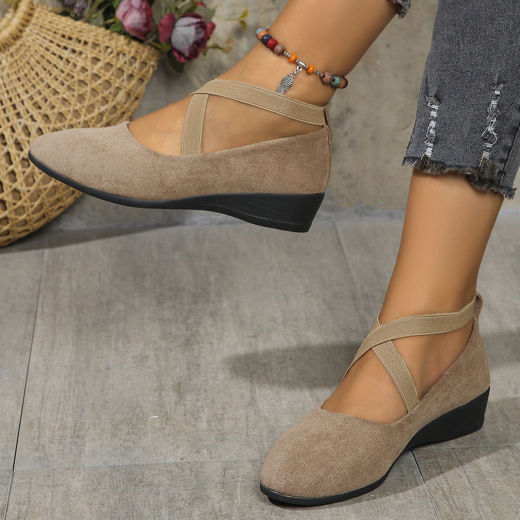 Plush Fashion Hub elastic band platform wedge pumps in EU sizes 35-43, featuring colorful heel design and stylish ankle straps.