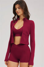 Fitglutes Activewear sports bra, zip jacket, and shorts 3-piece workout set, designed for gym and activewear fitness activities.