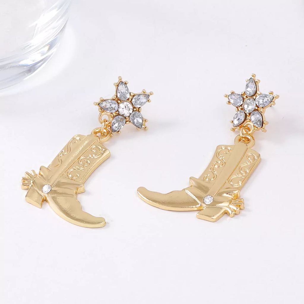 Western style boot dangle earrings by Shopimist featuring intricate cowboy boot designs on silver-toned metal.