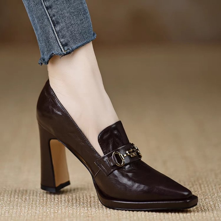 Women's retro chunky heel pointed toe pumps by FitiqueFit, slip-on office footwear with stylish design and comfortable fit.