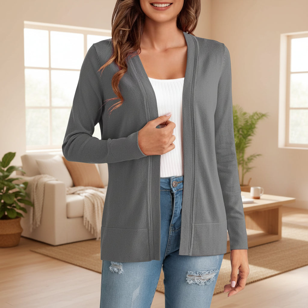 Women's knitted loose cardigan coat in four colors from FitiqueFit, featuring a relaxed fit and cozy knit texture.