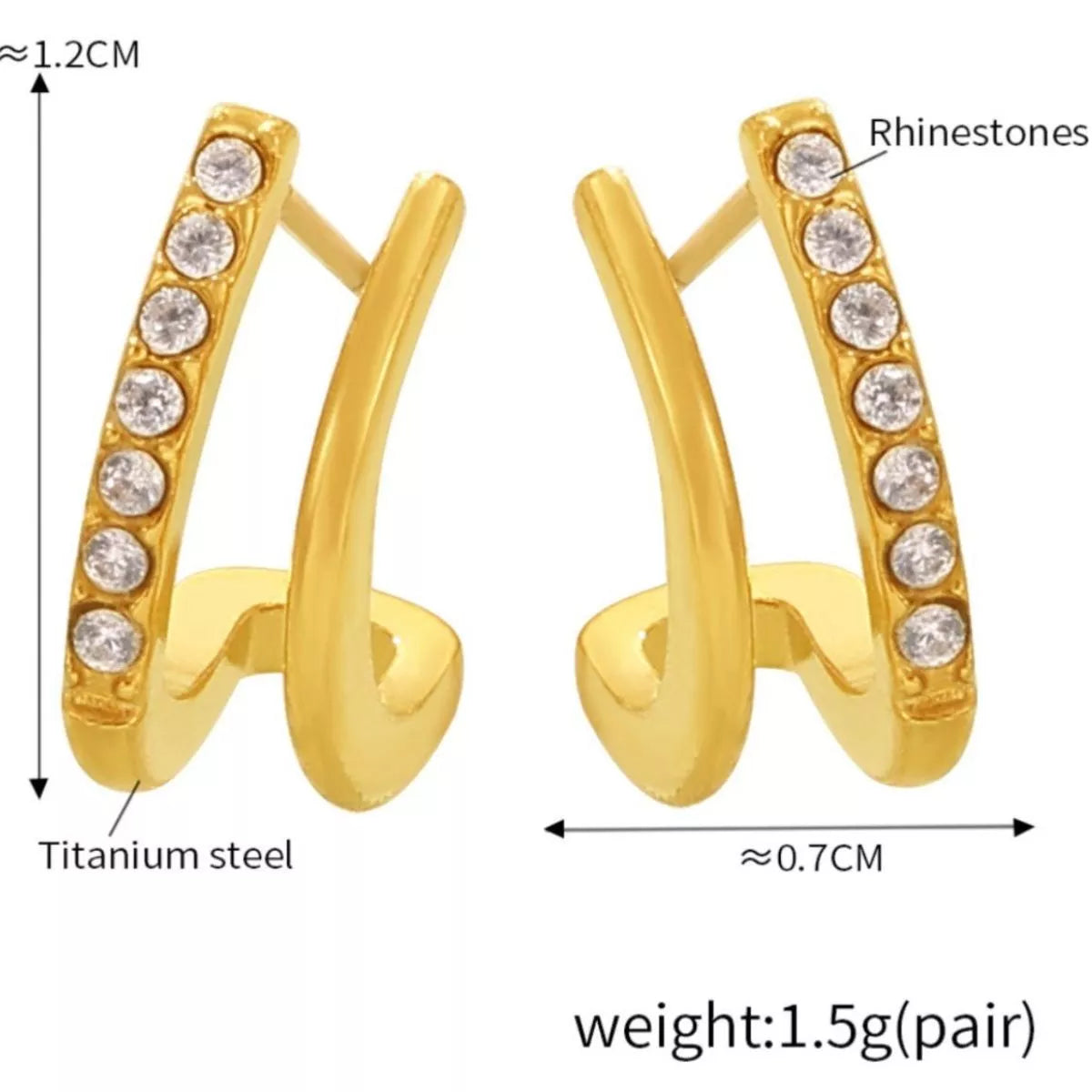 Gold-plated titanium steel rhinestone earrings with sparkling stones and elegant design, perfect for stylish accessories.
