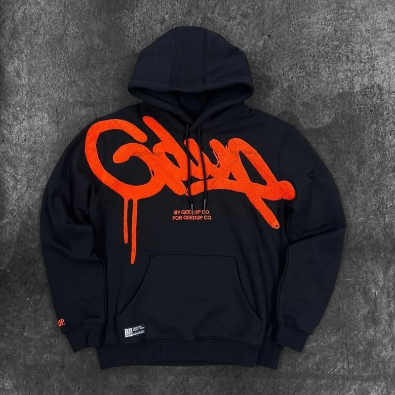 Unisex casual loose hoodie with embroidered letter design in soft fabric, featuring a relaxed fit and comfortable style.