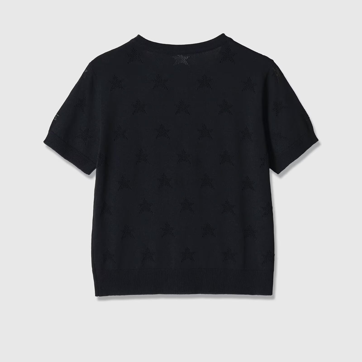 Eprolo round neck star hollow short-sleeved knitted jacket showing star patterns and ribbed hem on a neutral background.