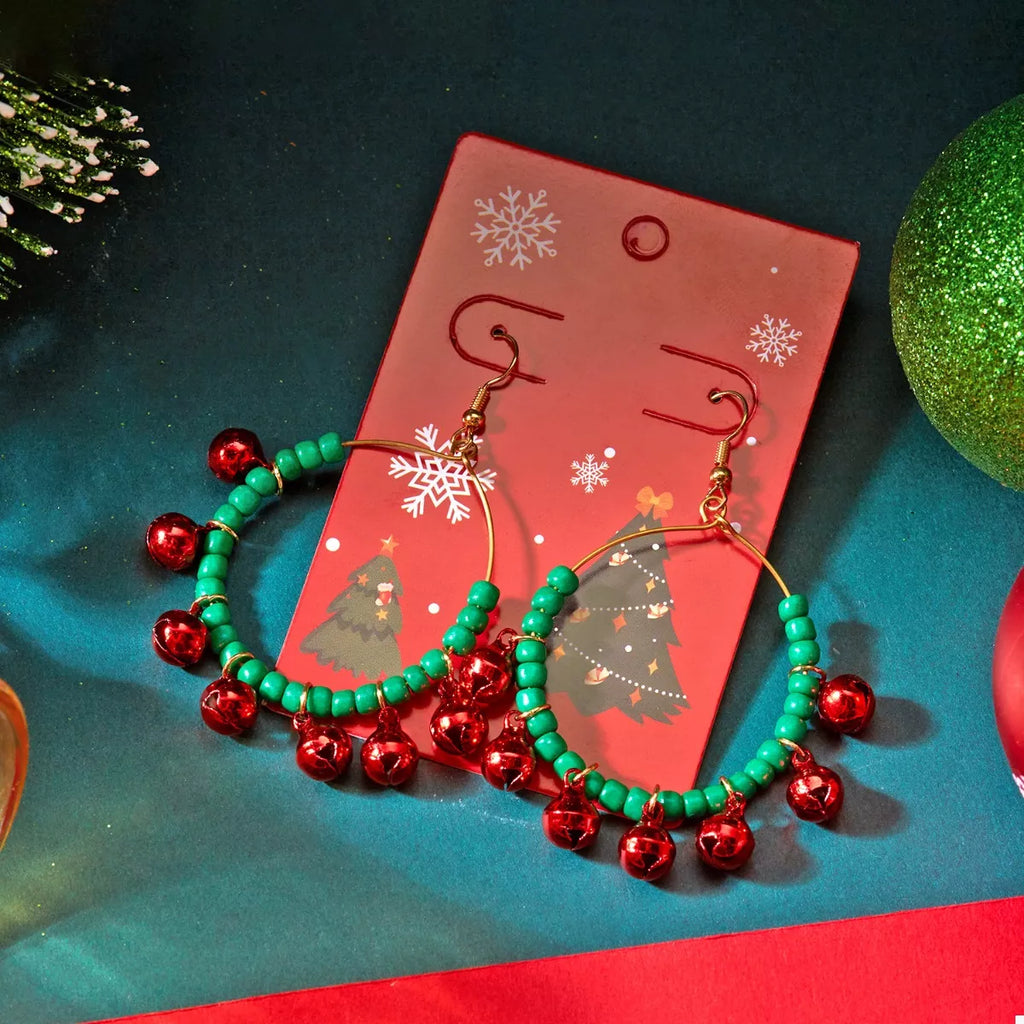 Christmas beaded hoop earrings with jingle bells, stylish holiday jewelry by Shopimist featuring festive bead and bell details.