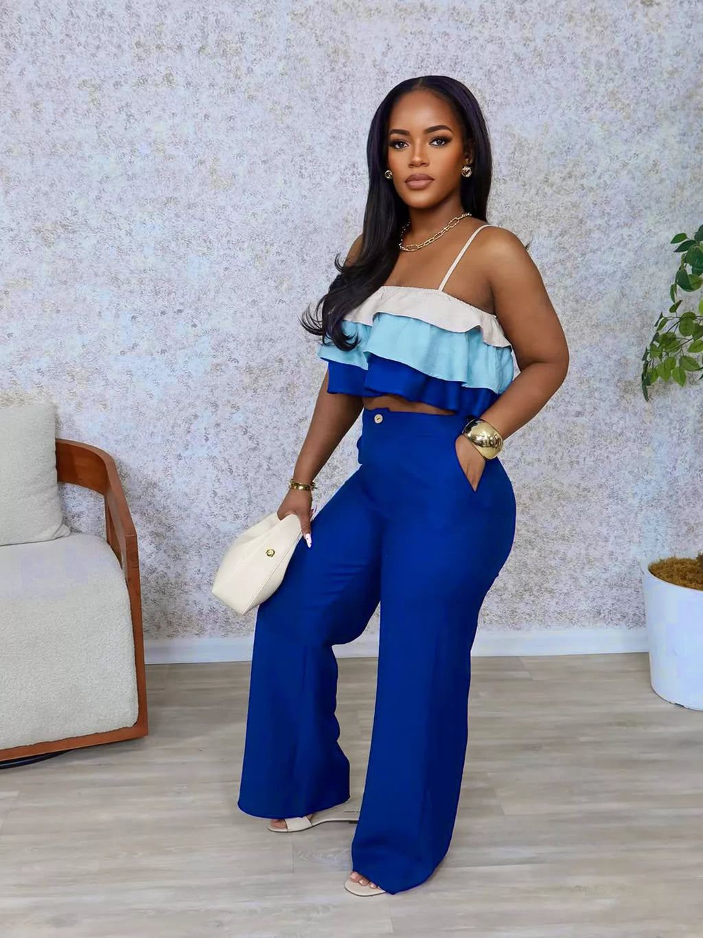 Layered ruffle crop top and matching pants set by Shopimist, featuring stylish ruffle details and a trendy coordinated look.