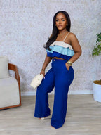 Layered ruffle crop top and matching pants set by Shopimist, featuring stylish ruffle details and a trendy coordinated look.