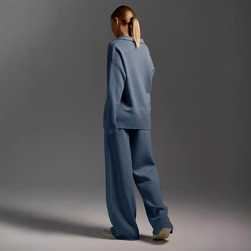 Women’s fall winter two-piece casual outfit by FitiqueFit featuring a loose collar sweater and matching pants.