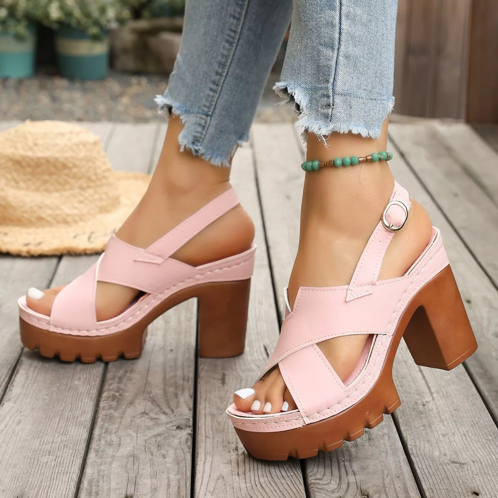 Open toe block heel sandals by Trendsi featuring stylish straps and a chunky heel, perfect for casual or dressy occasions.