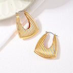 18K gold-plated alloy ribbed triangular hoop earrings, stylish and lightweight jewelry with textured design.