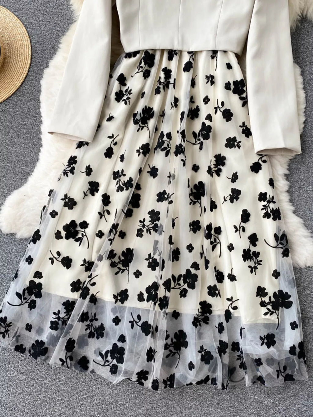 Elegant floral mesh two-piece dress and blazer set from Trendsi, featuring a stylish dress with floral details and matching blazer.