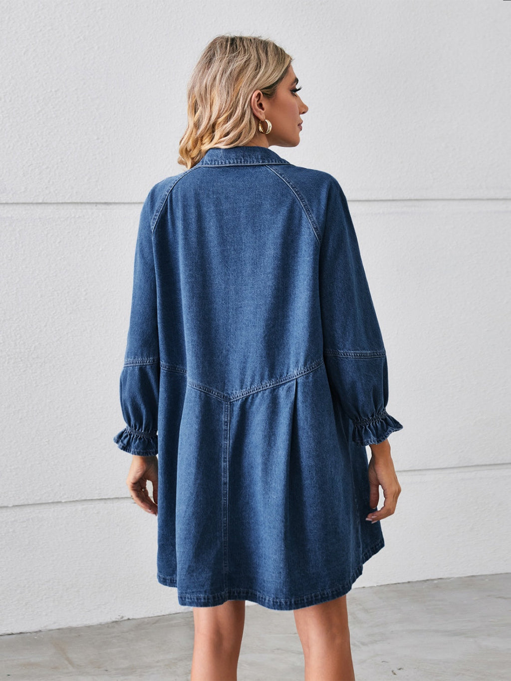 VYSN button-up mini denim dress with flounce sleeves, featuring a fitted waist and classic denim texture.
