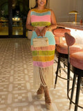 Color block maxi dress by Shopimist featuring fringe crochet knit details and a vibrant, stylish design.