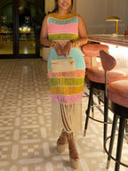 Color block maxi dress by Shopimist featuring fringe crochet knit details and a vibrant, stylish design.