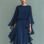 Deep Blue ruffle wide-leg pants set by FitiqueFit featuring a two-piece design with batwing sleeves, elegant and stylish for women.