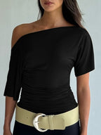 Women's one shoulder ruched short sleeve T-shirt by Trendsi, chic stretch top with fitted style and ruched detailing.