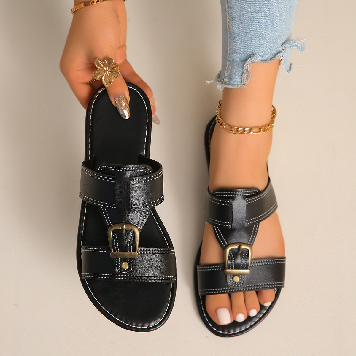 Plush Fashion Hub buckled leather slide sandals with open toe design and adjustable straps, perfect for casual summer wear.