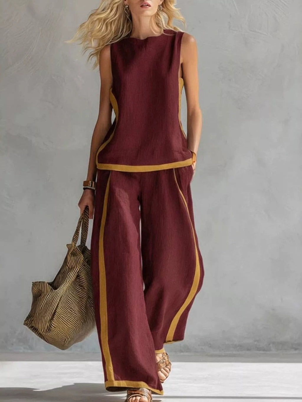 Plus size contrast stripe sleeveless top and wide-leg pants set by Plush Fashion Hub, stylish and comfortable fashion ensemble.