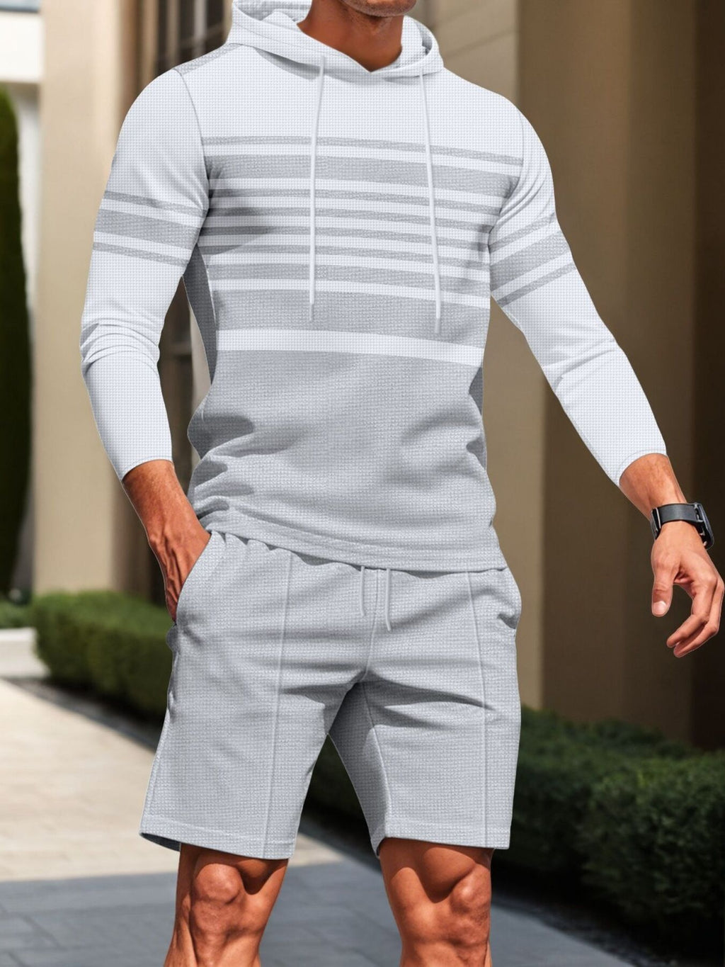 Men's striped casual hoodie and shorts set by Trendsi, plus size, featuring comfortable fabric and relaxed fit for everyday wear.