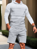 Men's striped casual hoodie and shorts set by Trendsi, plus size, featuring comfortable fabric and relaxed fit for everyday wear.