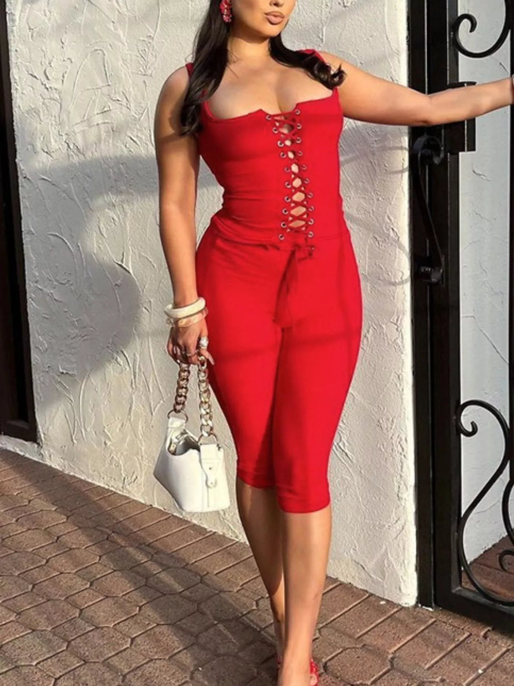 Lace-up tank top and matching capris set by Shopimist, featuring stylish casual wear with a comfortable fit and modern design.