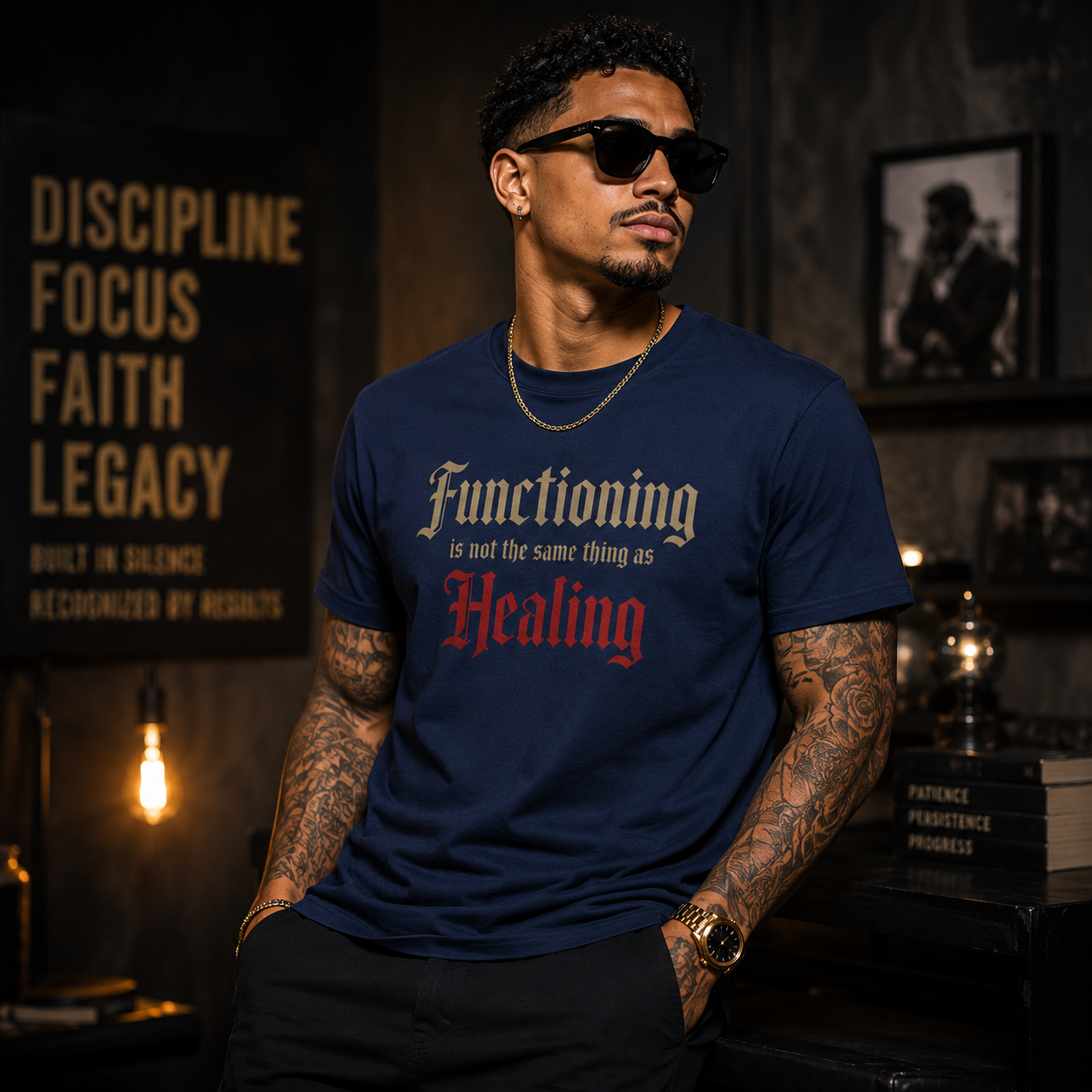 Wear Your Worship T-shirt featuring the "Functioning Is Not the Same Thing as Healing" message, casual fit, and comfortable fabric.