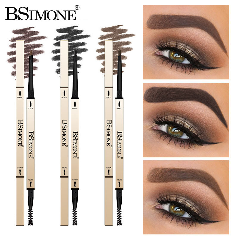 Three gold-capped BSimone eyebrow pencils with brow swatches and applied looks on eyes.