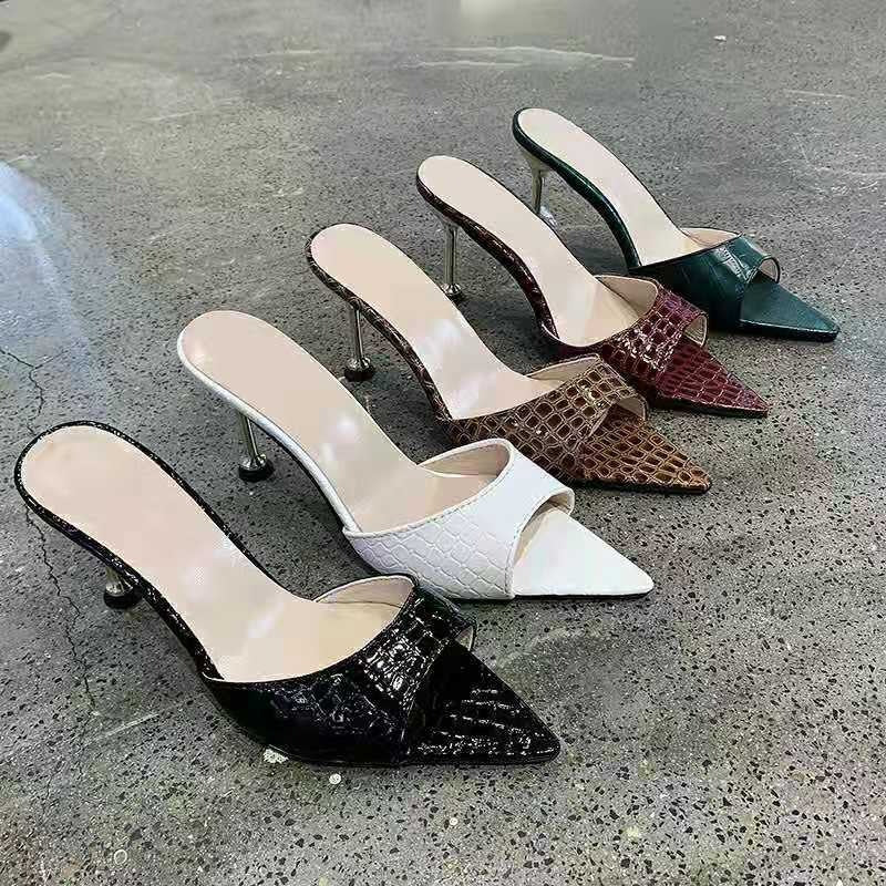 Women’s pointed toe stiletto heel fish mouth sandals by Plush Fashion Hub, showcasing sleek design and elegant style.