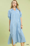 Umgee striped puff sleeve midi dress featuring a fitted bodice and flowing skirt, perfect for casual or semi-formal occasions.