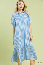 Umgee striped puff sleeve midi dress featuring a fitted bodice and flowing skirt, perfect for casual or semi-formal occasions.