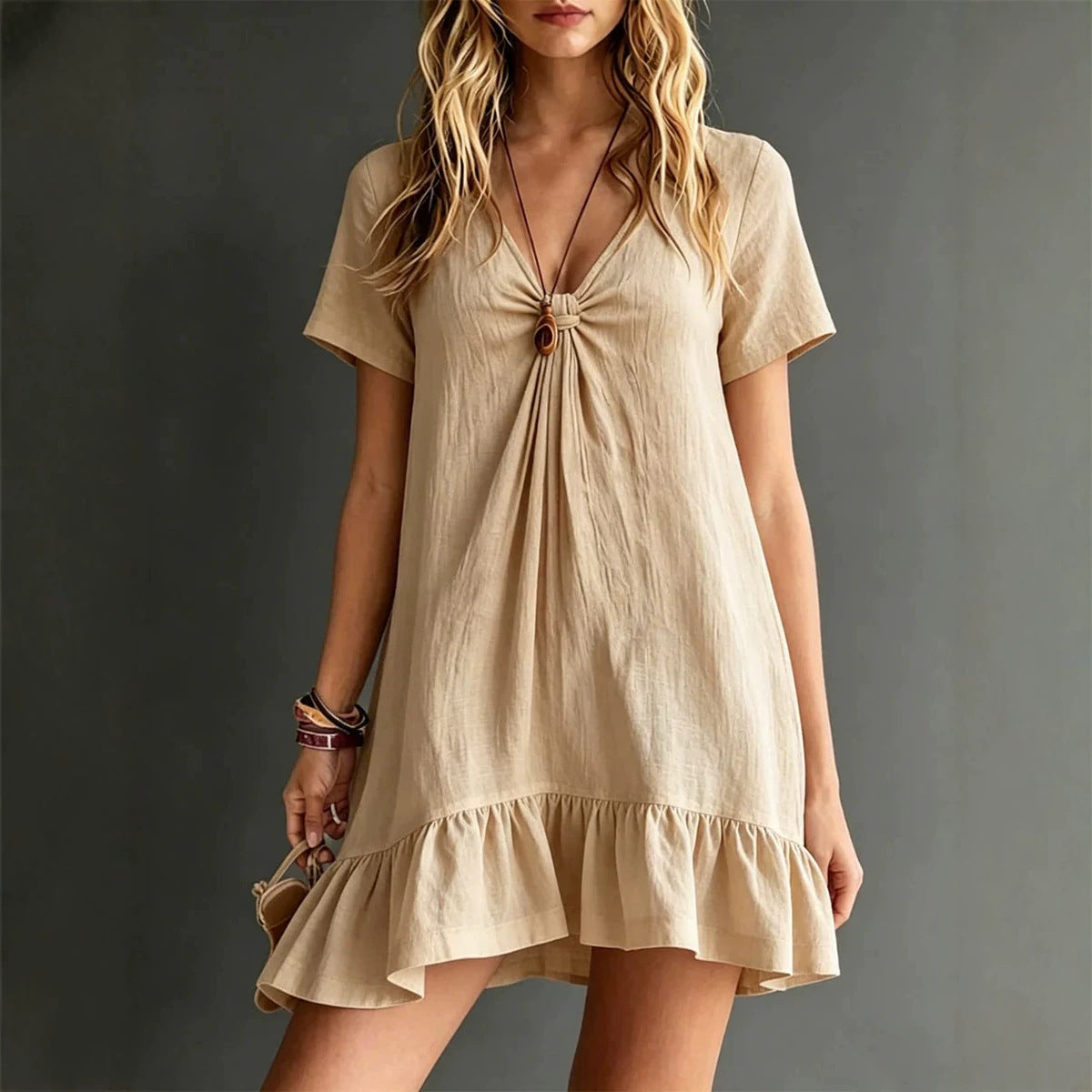 Women's FitiqueFit ice silk crepe V-neck midi dress with short sleeves, loose fit, casual style, shown hanging on a mannequin.