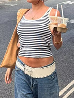 Striped scoop neck tank top from Trendsi, featuring a casual fit with horizontal stripes and a sleeveless design.