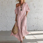 Womens striped off-shoulder dress by LadyShow.Store featuring a stylish design and flowy fabric, perfect for summer wear.
