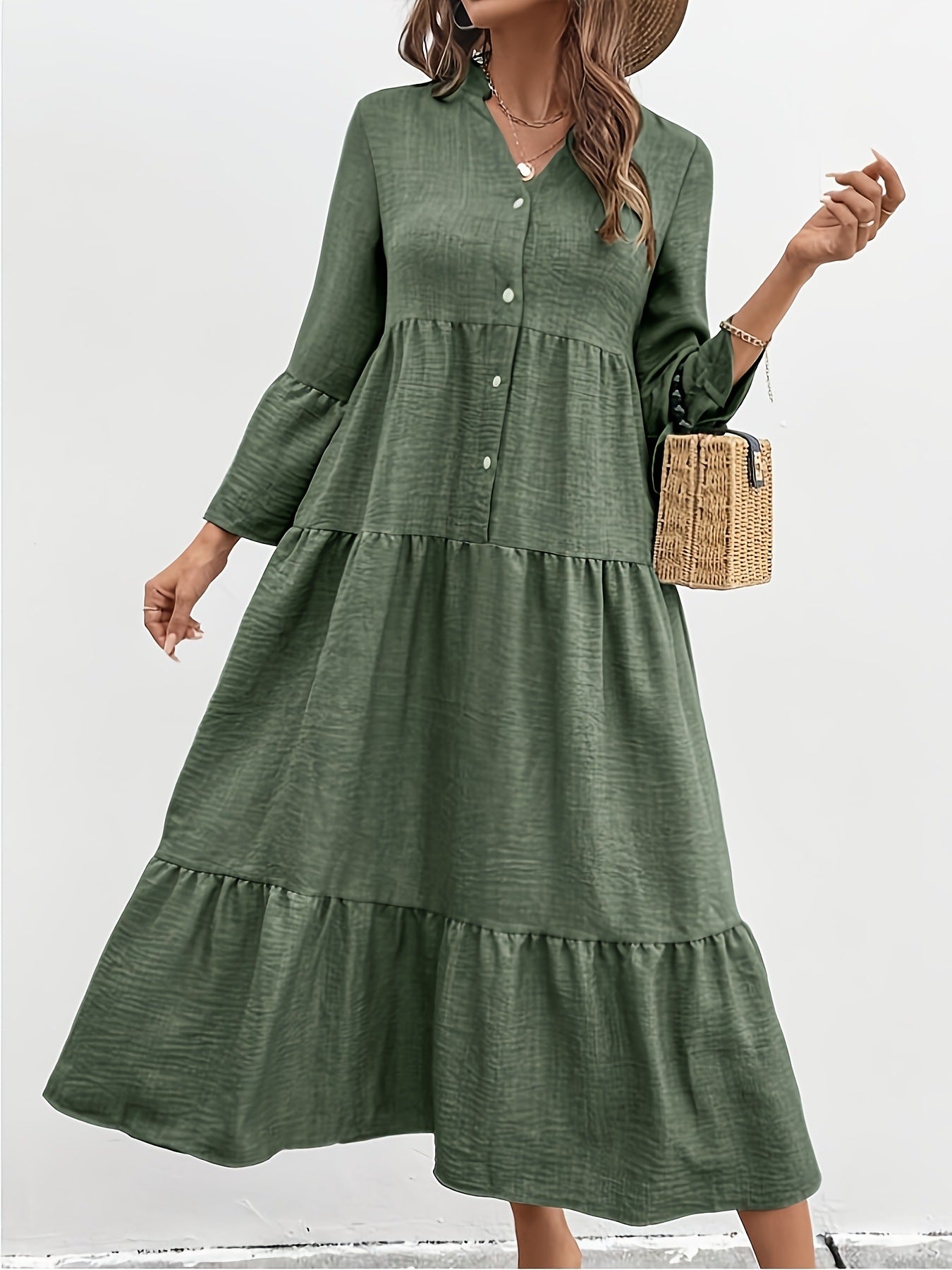 Casual cotton blend button front tiered midi dress from Trendsi, featuring a summer-ready, flowy design and tiered skirt.
