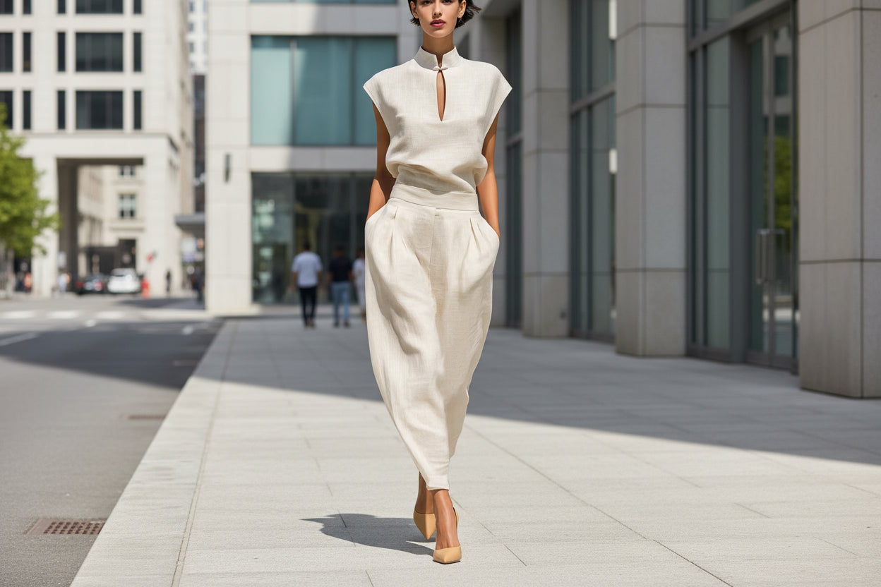 Women's satin Chinese-style short-sleeve top and pants set by FitiqueFit, featuring a casual, elegant design with traditional-inspired details.
