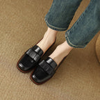Women's plush fashion hub cowhide square toe chunky heel pumps with floral detail, stylish commuter footwear.