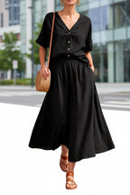 Women's casual V-neck button-up top and long skirt set by FitiqueFit, featuring a stylish and comfortable coordinated outfit.